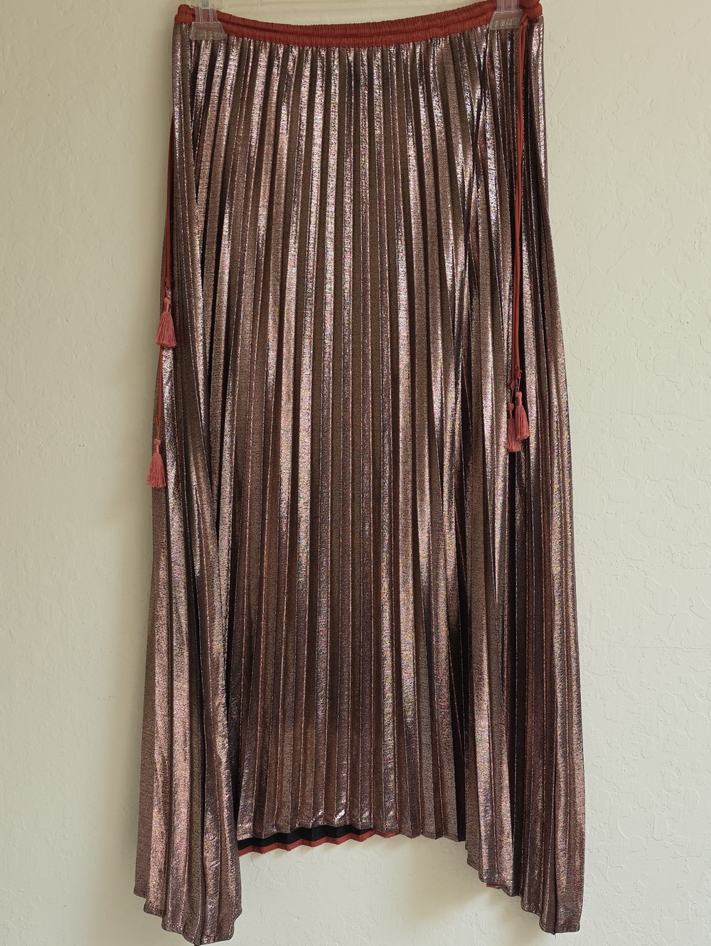 Metallic Pleated Maxi Skirt in Rose Bronze with Tassel Waist
